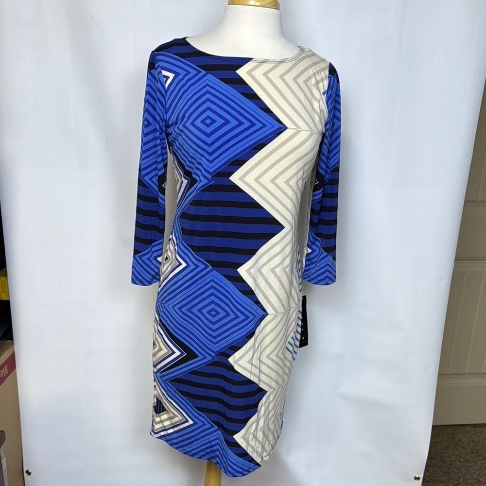 NWT Tiana B. Geometric Blue and Cream Striped Dress, Small